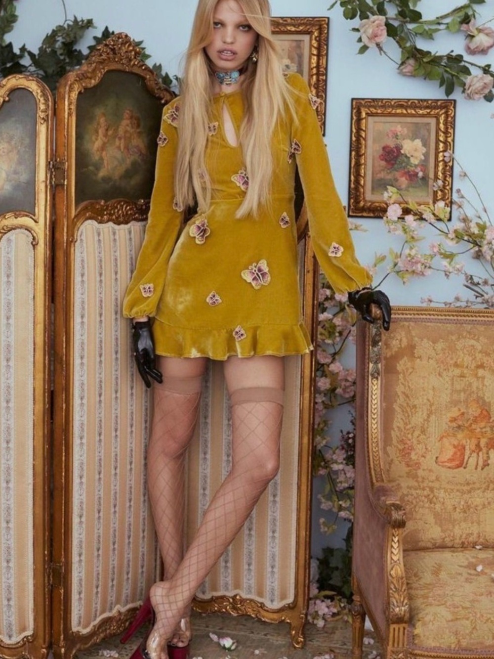 Velvet Floral Appliqué Mini Dress in Mustard Yellow